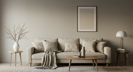 Minimalist living room, Scandinavian design, neutral color palette, beige couch, white pendant light, wooden side table, dried floral arrangement, textured throw blanket, large vertical mirror, woven 