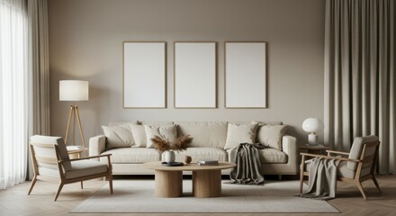 Interior design, modern living room, neutral color palette, beige sofa, wooden coffee table, armchairs, wall panels, minimalist decor, textured fabrics, white curtains, cozy atmosphere, contemporary s