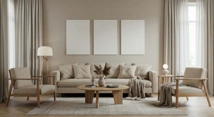 Fototapeta premium Interior design, modern living room, neutral color palette, beige sofa, wooden coffee table, armchairs, wall panels, minimalist decor, textured fabrics, white curtains, cozy atmosphere, contemporary s