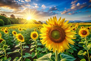 Obraz premium Vibrant Sunflower Field in Summer Sunlight: Golden Blooms and Lush Green Landscape