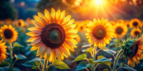 Obraz premium Vibrant Sunflowers in a Miniature World: Tilt-Shift Portrait Photography