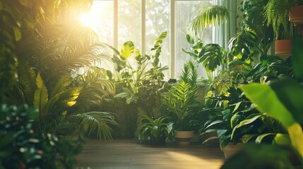 Sunlit Indoor Jungle: Lush Greenery Basking in Golden Light