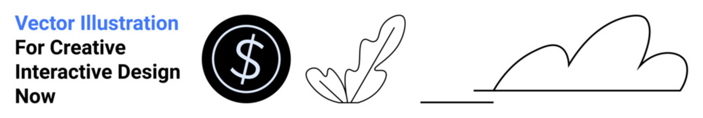 Dollar icon surrounded by a simple abstract leaf and cloud design in monochrome style. Ideal for finance, savings, nature, simplicity, minimalism, eco-friendly concepts, flat landing page banner