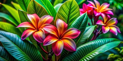 Vibrant Tropical Flowers Close-Up: Lush Foliage, Striking Colors, Serene Nature Scene