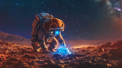 Adorable beagle astronaut in space suit on martian terrain with glowing blue artifact under starry sky - science fiction space beagle adventure art. Intergalactic Artifacts. Illustration