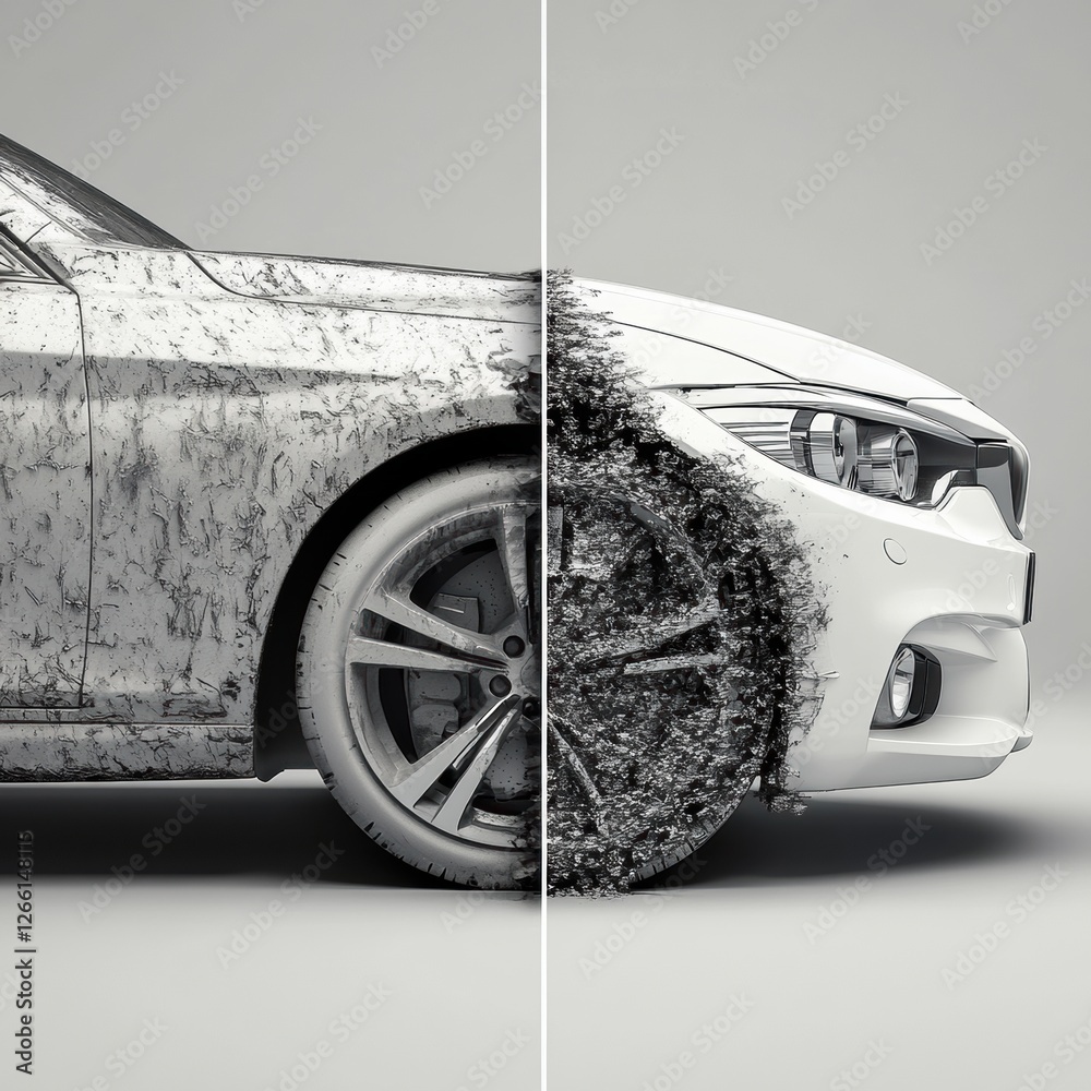 Poster comparison of a filthy car and a freshly polished vehicle showcasing the effects of cleanliness. gen