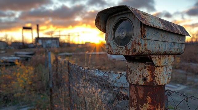 Rusty Security Camera watching urban decay at sunset, use for safety, crime story