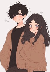 Cute anime-style couple standing together, with the girl wearing an oversized cardigan and long black hair, and the boy with short dark gray fluffy hair, both looking at the camera 