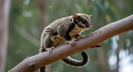 Obraz premium Adorable Sugar Glider Perched on a Branch in its Natural Habitat: A Close-up Wildlife Photography