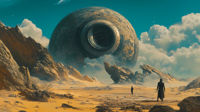 Aliens earth machines, intergalactic explorers captivated by mysterious earthly artifact in desolate sci-fi landscape. Intergalactic Artifacts. Illustration