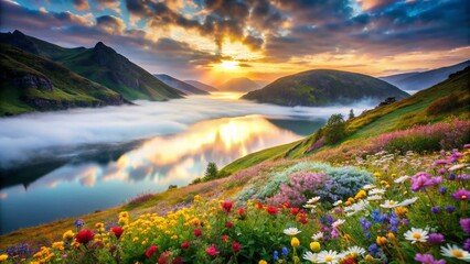 Vibrant Wildflowers Bloom Beside Irish Lake & Mountains