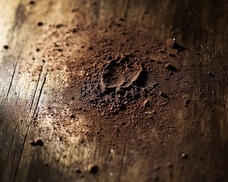 cocoa powder scattered on a wooden table surface, with small mounds and traces of fingers raked through it