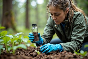 Female scientist examining soil samples while working in a forest environment