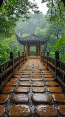 Rain soaked stone path leads to a tranquil gazebo in lush greenery