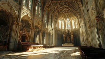 Fototapeta premium Sunlit Gothic Cathedral Interior Architecture Detail
