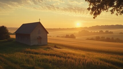 Wooden Chapel Sunrise Over Golden Fields