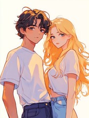 androgynous person with short white hair and t-shirt, standing next to their beautiful long-haired partner in a romantic scene.