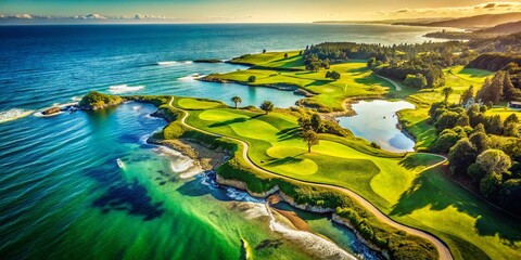 Vintage Aerial View: Coastal Golf Course, Lush Greens, Oceanfront Fairway