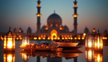 Naklejka premium Serene Ramadan Iftar Dates, Lanterns Mosque Silhouette at Dusk