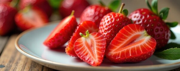Close-up of juicy strawberry slices on a plate , single ingredient, food, fresh cut