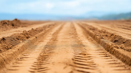 Naklejka premium Parallel tire tracks cutting through sandy terrain, stretching toward hazy blue horizon with faint mountain silhouettes, suggesting desert travel and open road journey