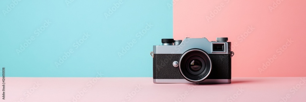 Leinwandbilder vintage camera rests on pastel colored table with blue and pink background while showcasing retro de