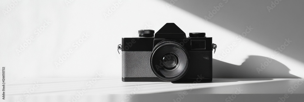 Leinwandbilder Classic black camera capturing light and shadow in a minimalist setting during afternoon. Generative AI