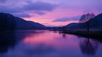 Serene Purple Dawn over River and Mountains: A Breathtaking Landscape Photography