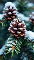 close-up of snow-covered pinecones and evergreen branches, evergreen, snow, festive