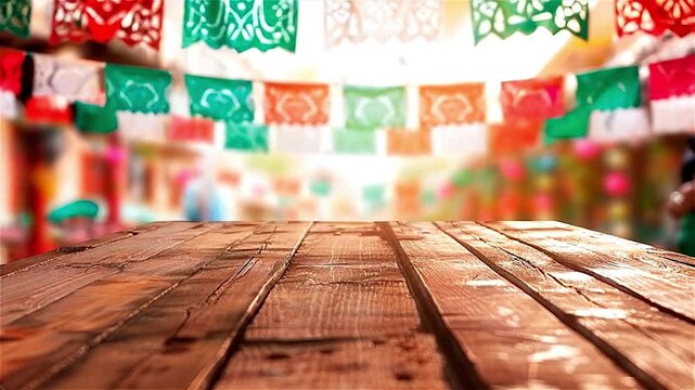 Empty wooden table in the background decorations of papel picado