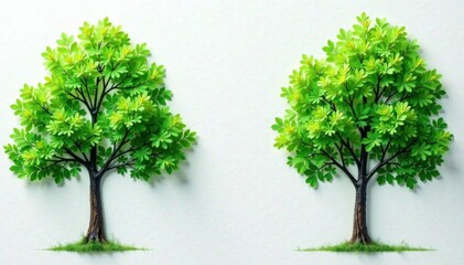 Obraz premium Close-up of tall trees with green leaves on white paper background, trees, forest, nature