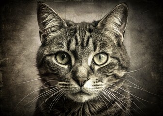 Vintage Black and White Cat Portrait: Intricate Line Drawing