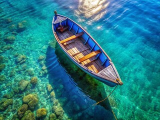 Obraz premium Vintage Blue Wooden Rowboat on Calm Water - Aerial View