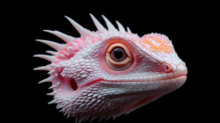 Fototapeta premium Close-up of a pink and white lizard head against black background. Possible use Stock photo for animal-related publications, educational materials, or pet store websites