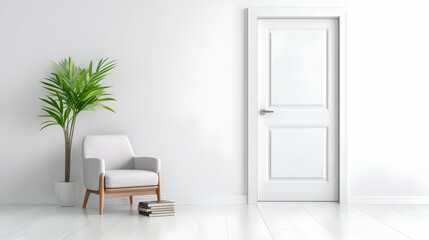 Minimalist white room interior design; armchair, plant, door