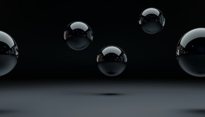Floating black spheres on a dark surface in a futuristic and intriguing atmosphere. Floating spheres in magical contrast in concept art.