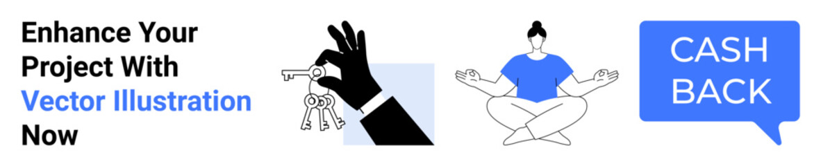 Obraz premium Black hand holding keys, person meditating in blue outfit, and cashback in blue speech bubble. Ideal for finance, wellness, minimalism, real estate, sales promotions, mindfulness campaigns flat