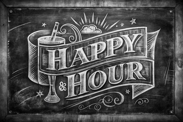 Vintage Chalk Happy Hour Bar Sign Grunge Background Black White EPS10 Stock Photo