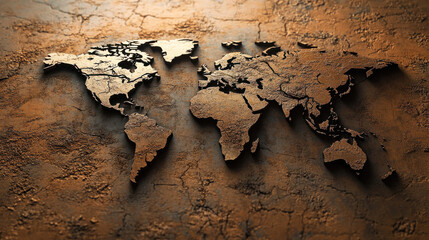 Fototapeta premium A stunning cracked earth formation shaped like a world map, pieces of land slowly crumbling into dust
