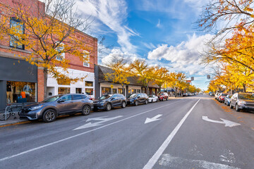 View of Main Street at Autumn in the 203 acre historic district listed on the National Register of Historic Places, of downtown Missoula, Montana, USA.