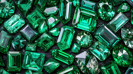 Sparkling emeralds collection on dark background. Jewelry, gems, luxury, green stones