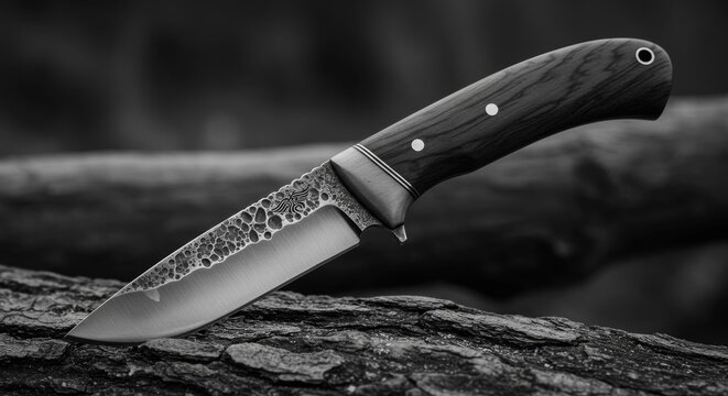 A hunting knife on a log