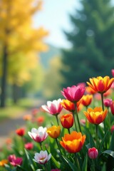 Obraz premium Colorful blooming flowers in a changing seasons backdrop, seasonal motifs , seasonally changing plants, botanical art