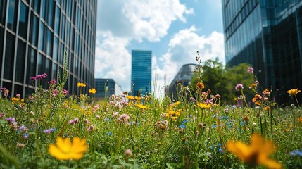 Vibrant wildflowers bloom amidst modern city skyscrapers