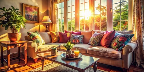 Fototapeta premium Vintage Cozy Living Room: Sunlit Sofa with Colorful Pillows - Stock Photo