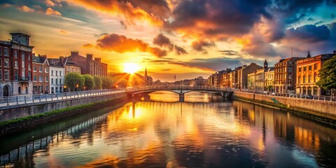 Fototapeta premium Vintage Dublin Sunset: Liffey River Bridge Panorama