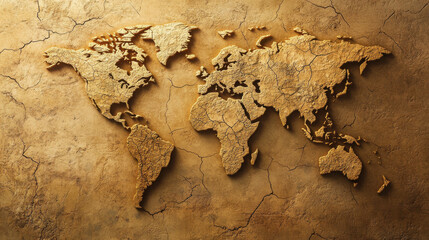 A stunning cracked earth formation shaped like a world map, pieces of land slowly crumbling into dust