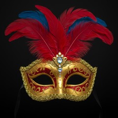 Extravagant Gold Venetian Masquerade Mask with Red and Blue Feathers