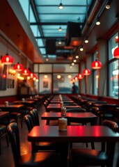 Interior of a restaurant with tables and chairs shallow depth of field bokeh red bokeh abstract background glow design light texture effect sparkle