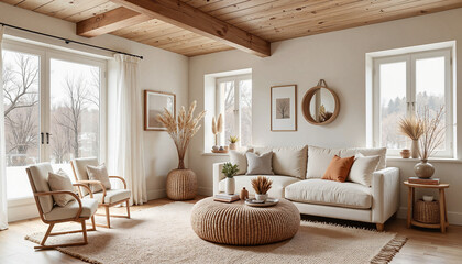 Fototapeta premium Modern living room with cozy furniture and natural decor